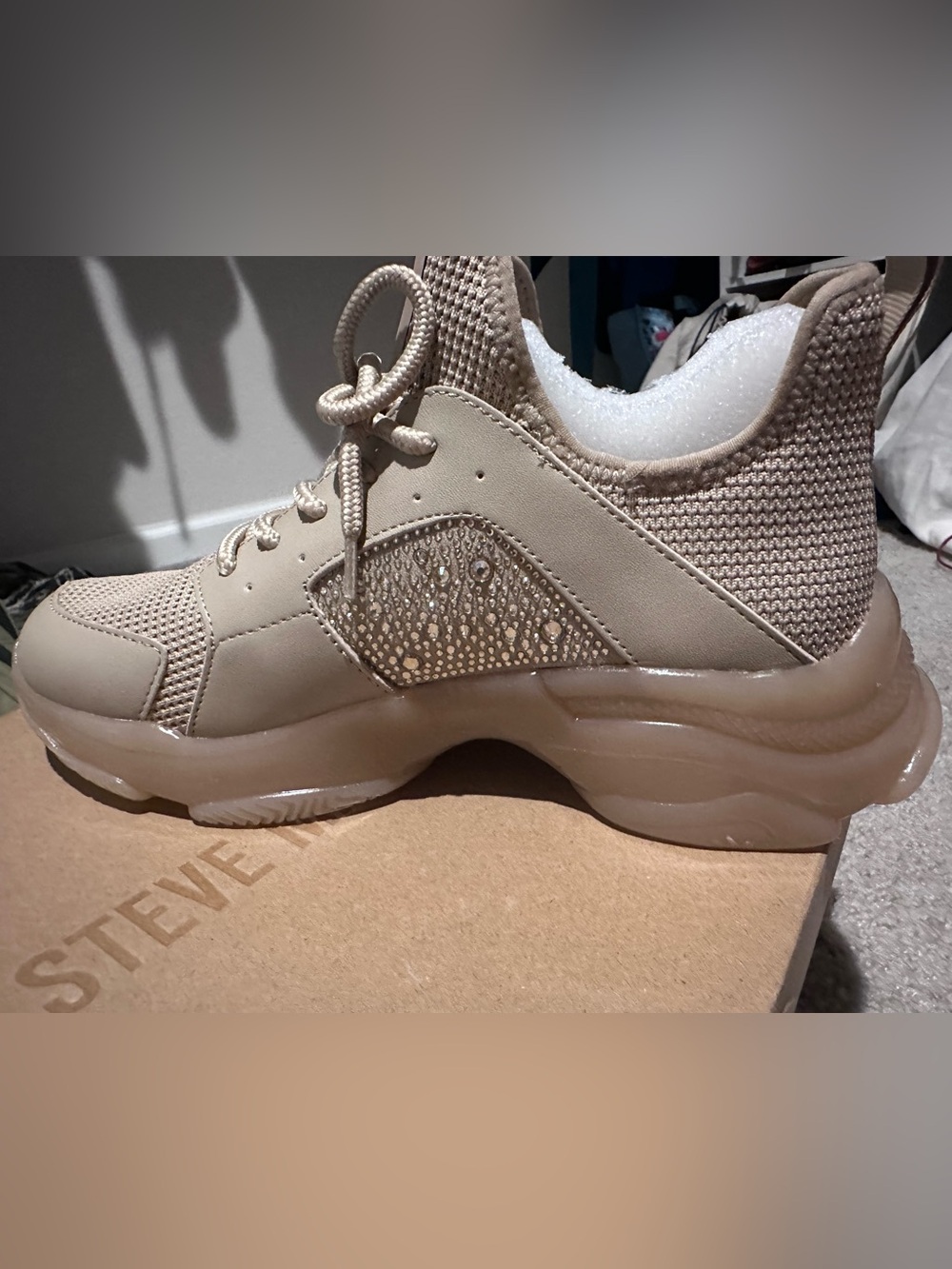 Steve Madden Beige Fashion Sneaker with Rhinestone Accent